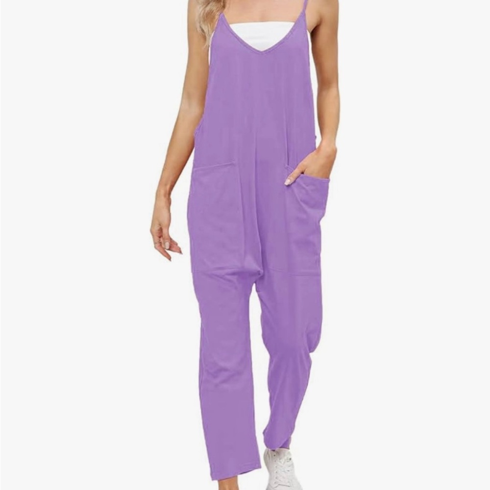 Lavender V-Neck Casual Jumpsuit with Pockets